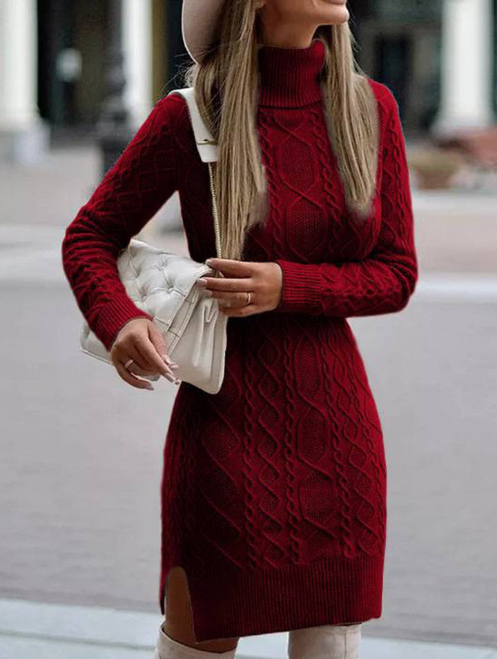 Warm high-neck slim-fit long dress – White Dress