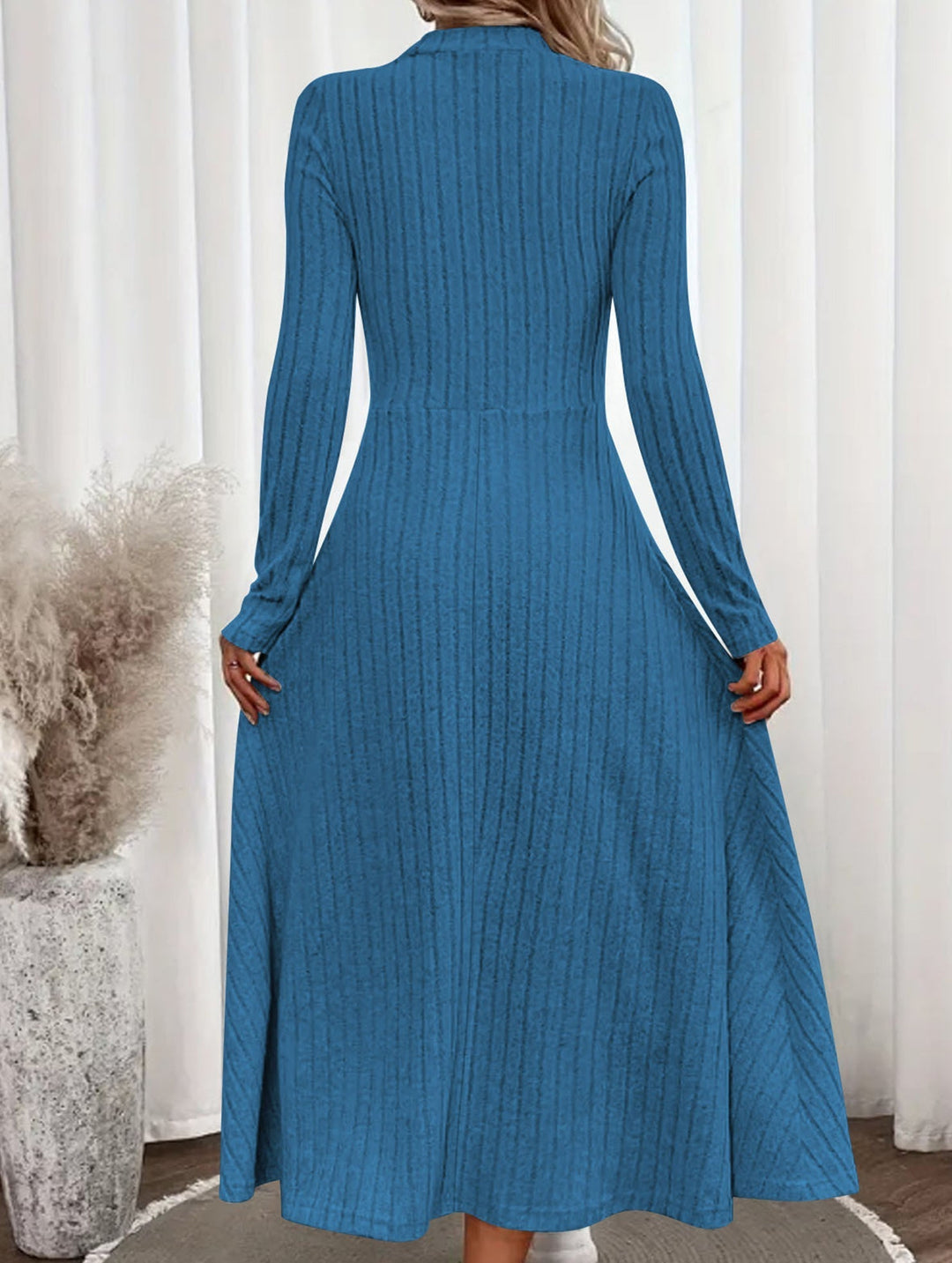 Round neck brushed ribbed long dress – White Dress