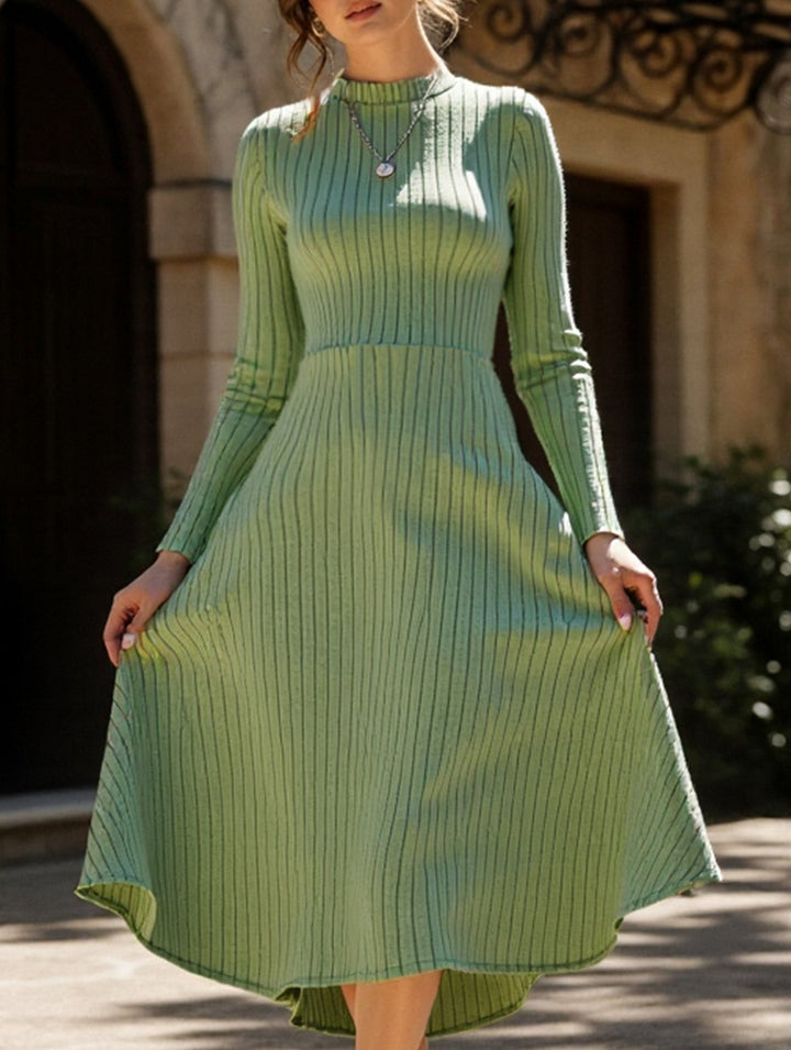 Round neck brushed ribbed long dress – White Dress