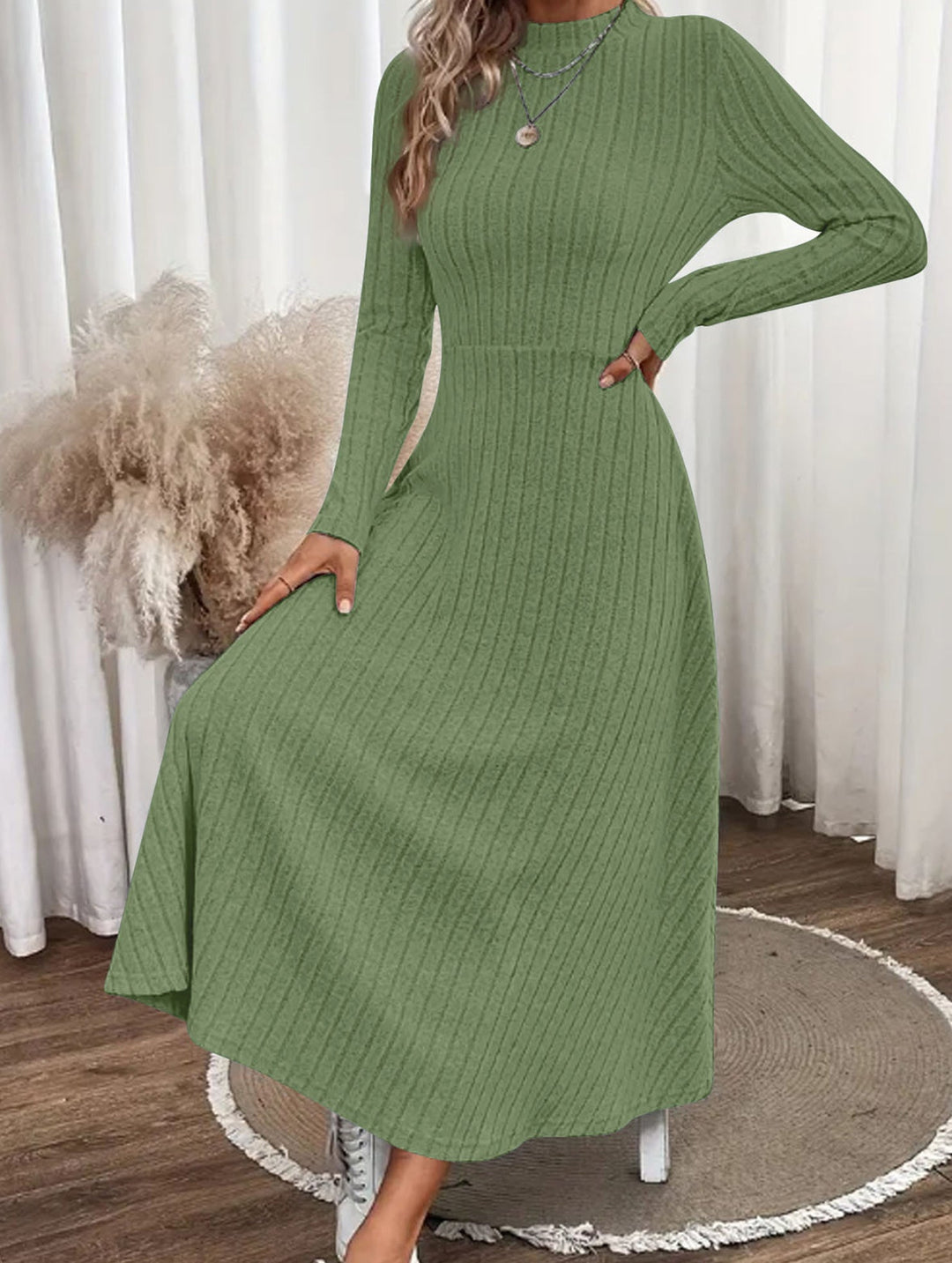 Round neck brushed ribbed long dress – White Dress