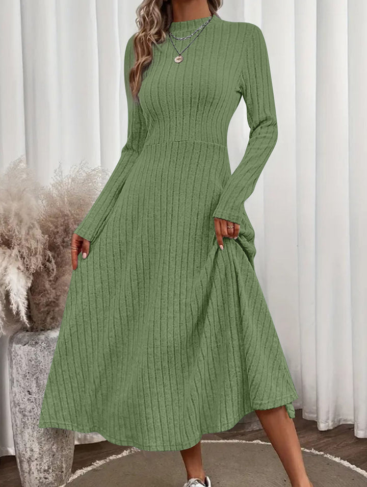 Round neck brushed ribbed long dress – White Dress