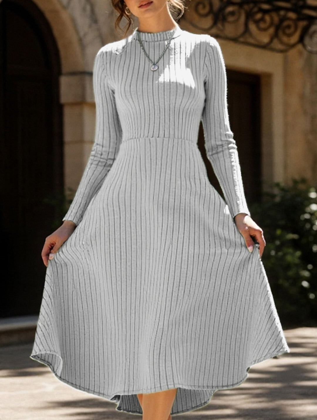 Round neck brushed ribbed long dress – White Dress