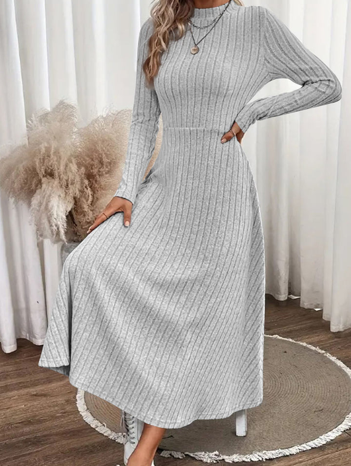 Round neck brushed ribbed long dress – White Dress