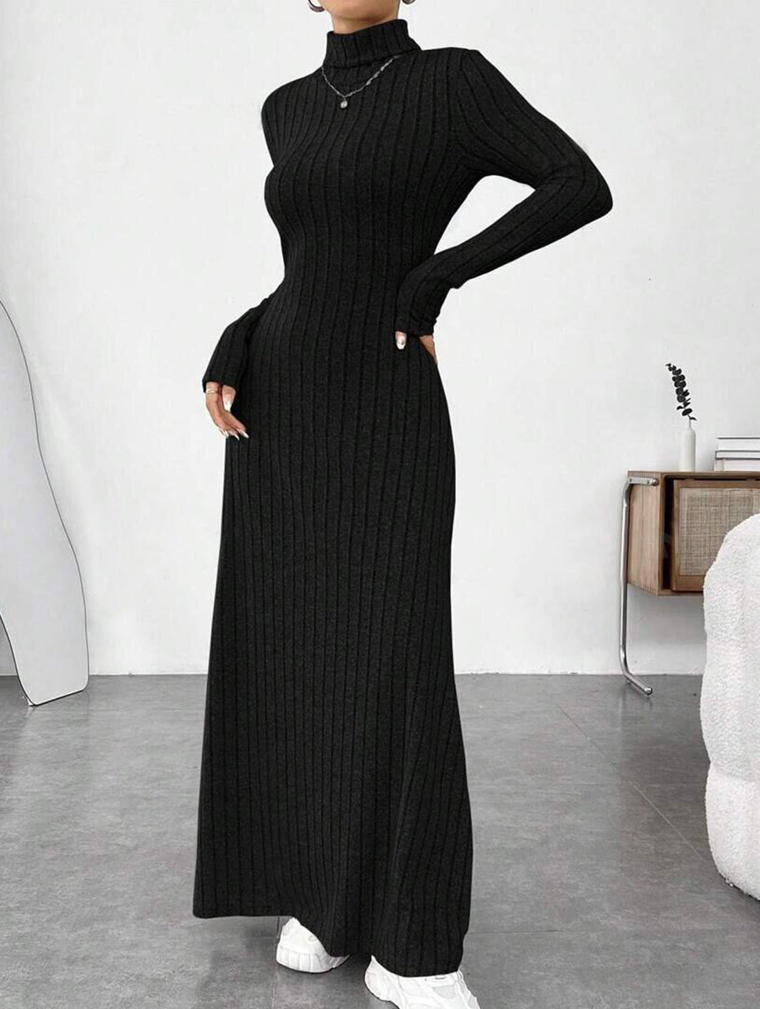 Solid color ribbed brushed long-sleeved dress – White Dress