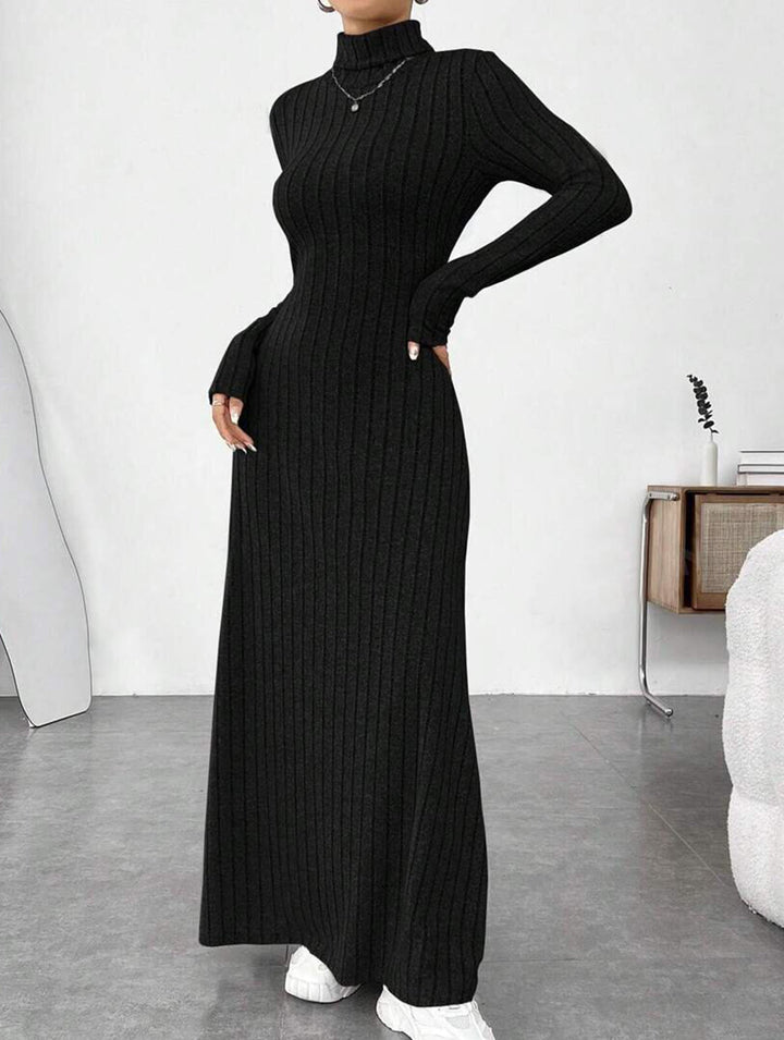 Solid color ribbed brushed long-sleeved dress – White Dress