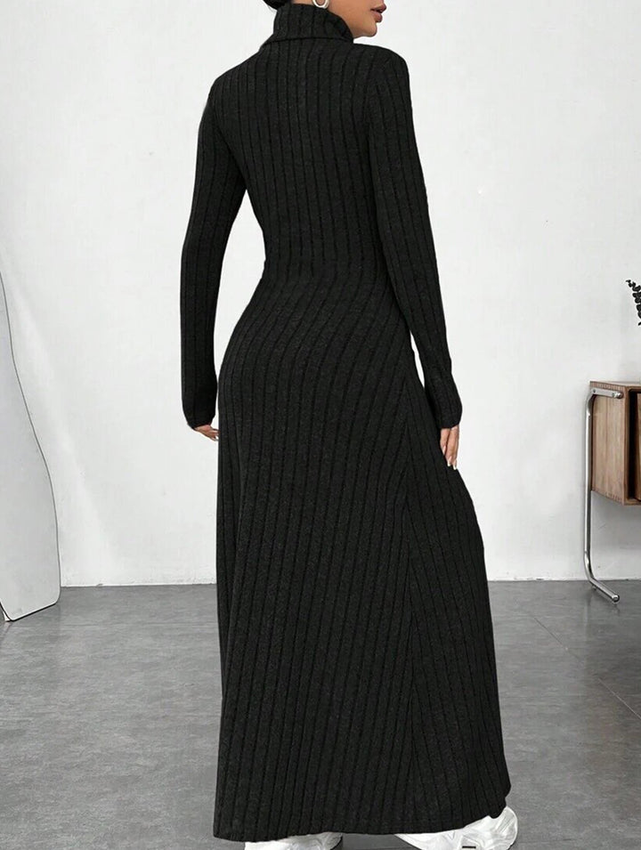 Solid color ribbed brushed long-sleeved dress – White Dress