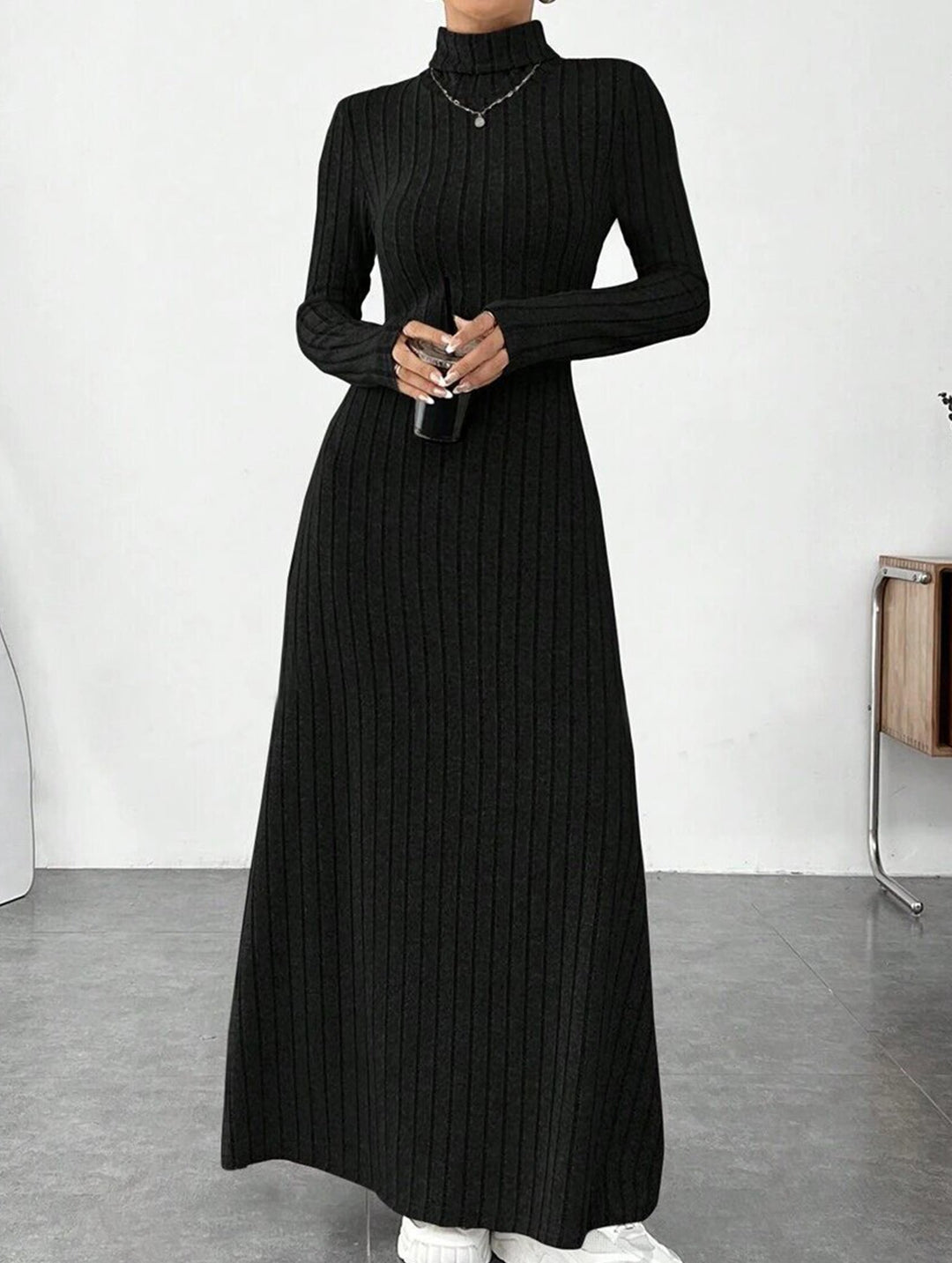 Solid color ribbed brushed long-sleeved dress – White Dress