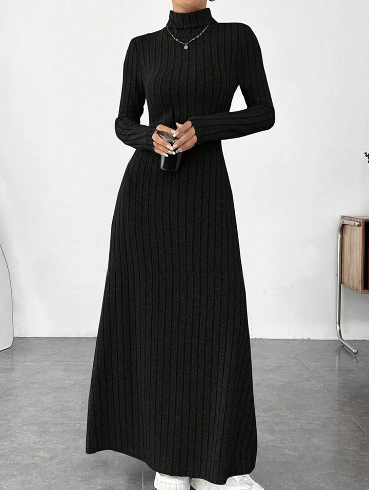 Solid color ribbed brushed long-sleeved dress – White Dress