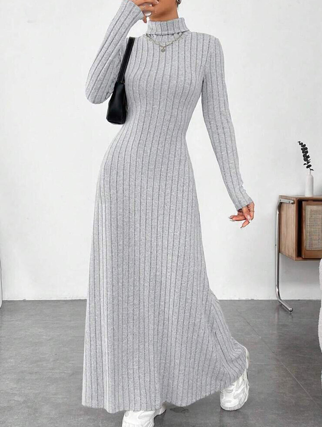 Solid color ribbed brushed long-sleeved dress – White Dress