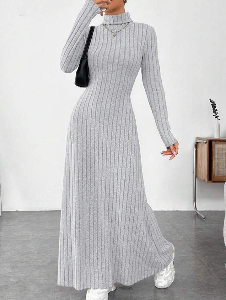 Solid color ribbed brushed long-sleeved dress – White Dress