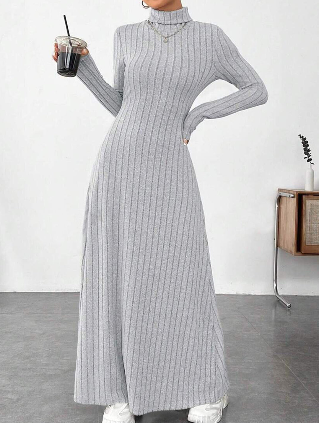 Solid color ribbed brushed long-sleeved dress – White Dress