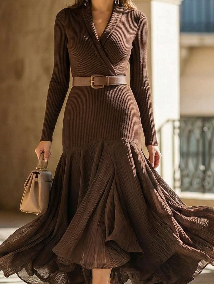 Solid color patchwork collar long-sleeved dress – White Dress