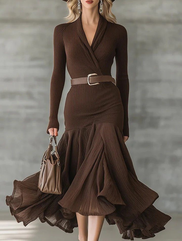 Solid color patchwork collar long-sleeved dress – White Dress