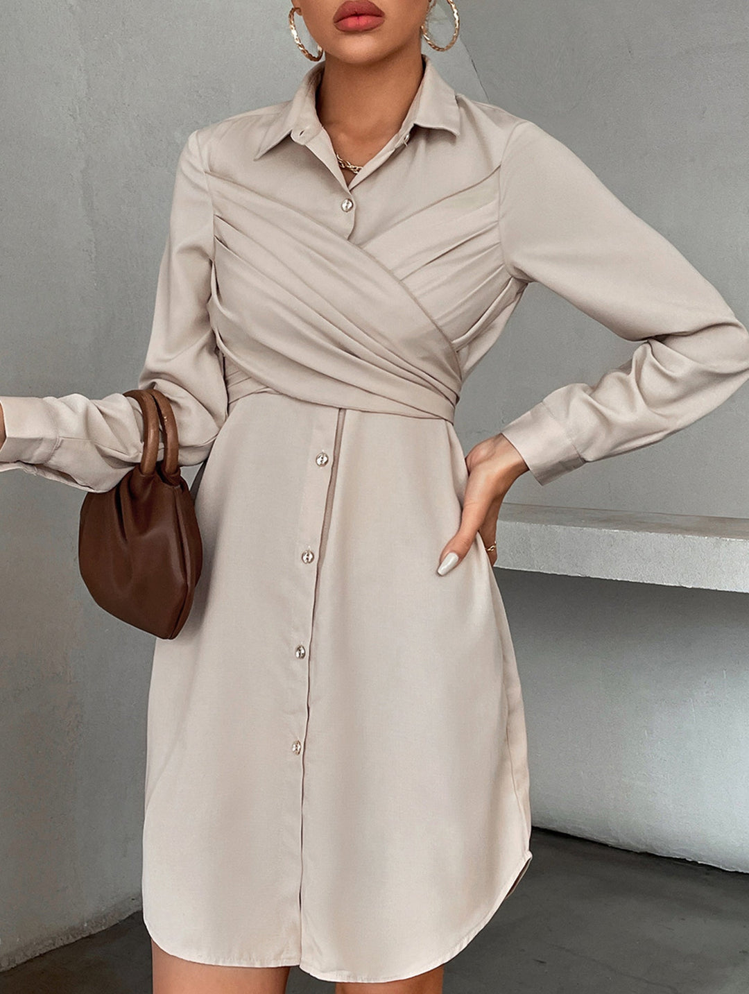 Elegant cross-over fitted shirt dress – White Dress