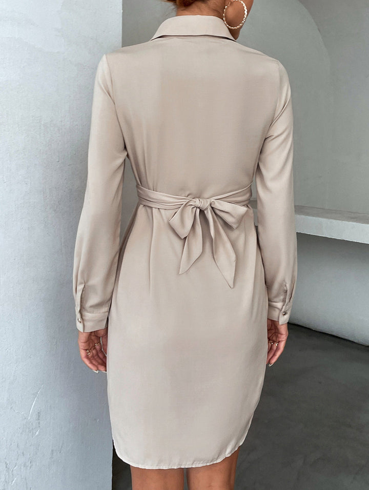 Elegant cross-over fitted shirt dress – White Dress