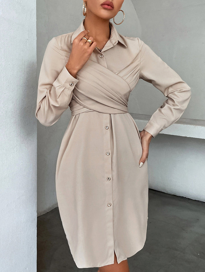 Elegant cross-over fitted shirt dress – White Dress