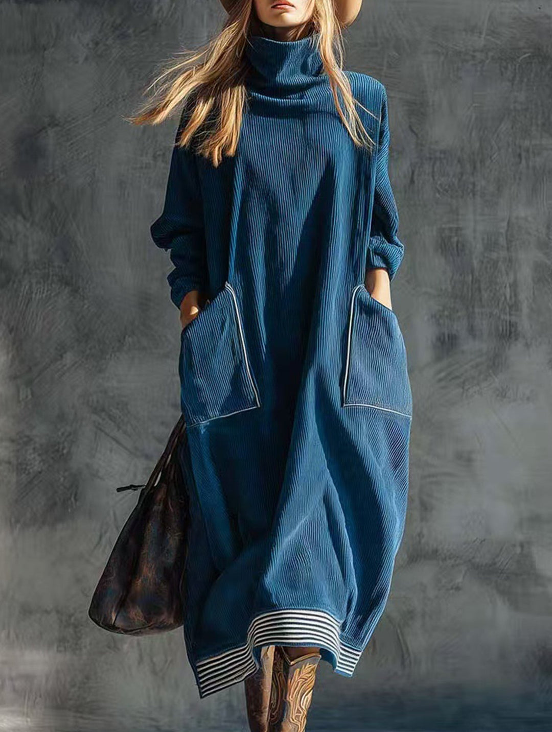 Relaxed style navy blue turtleneck dress – Navy Blue Dress