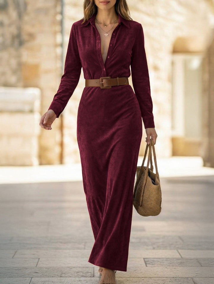 Suede long dress with a fitted waist and belt – White Dress