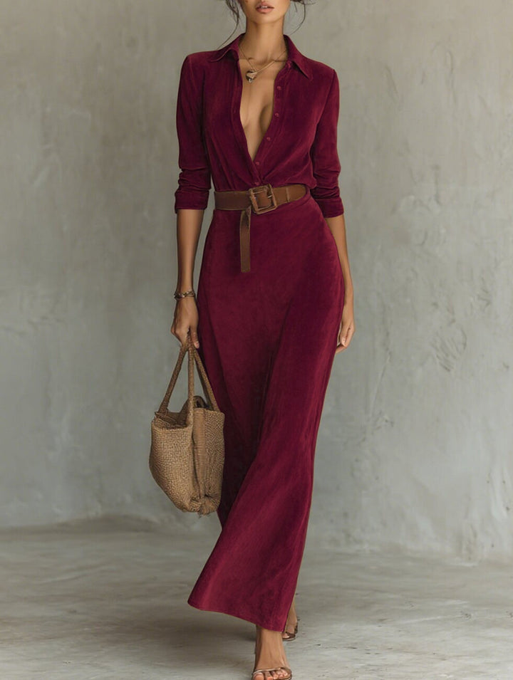 Suede long dress with a fitted waist and belt – White Dress