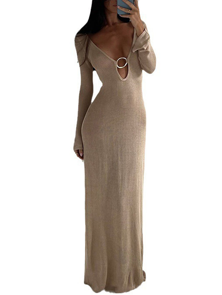 V-neck round backless long-sleeved knit dress – White Dress