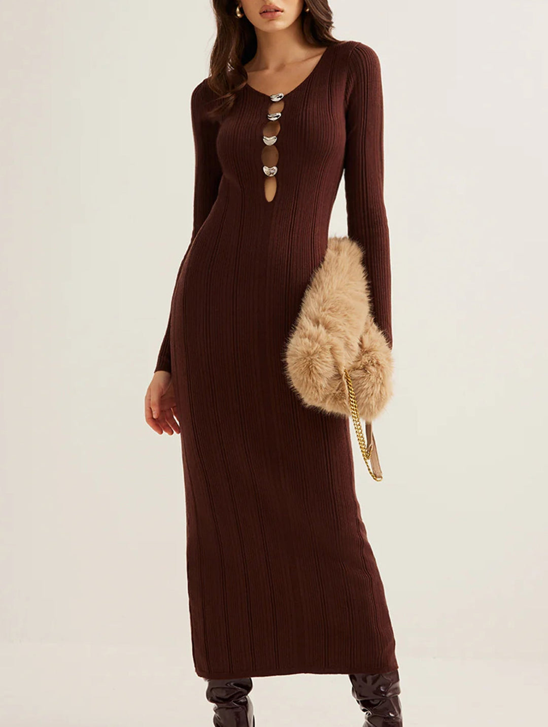French Vintage V Neck Knit Bodycon Dress – White Dress