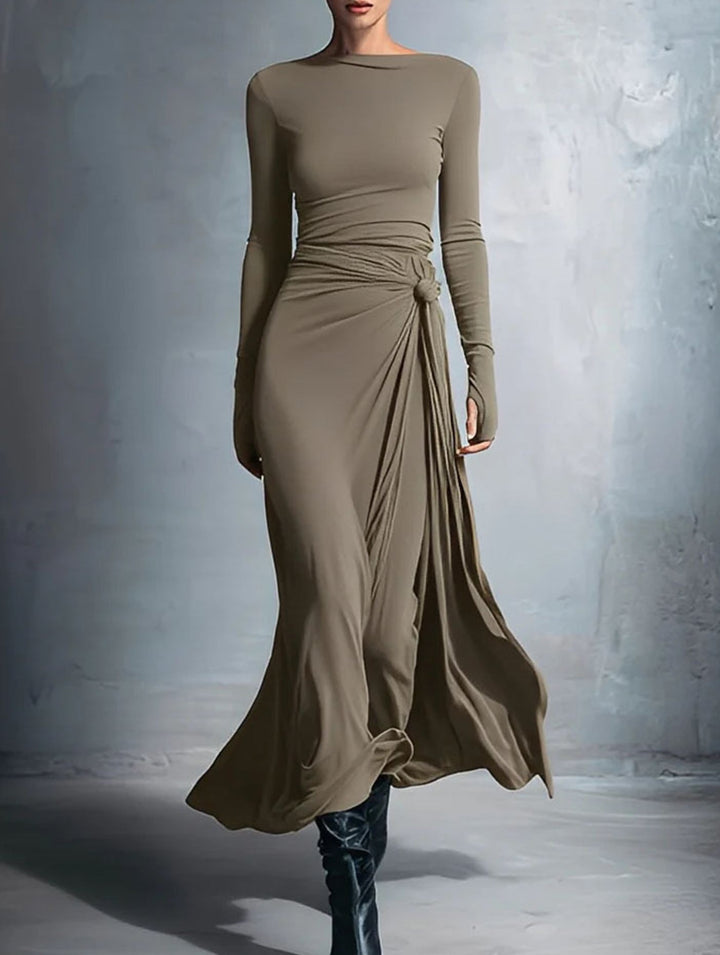 Solid Wrap Style Knot Long Sleeve Dress – White Dress
