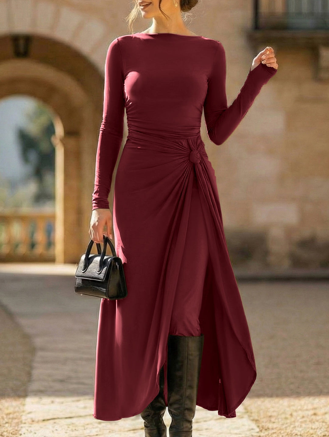Solid Wrap Style Knot Long Sleeve Dress – White Dress