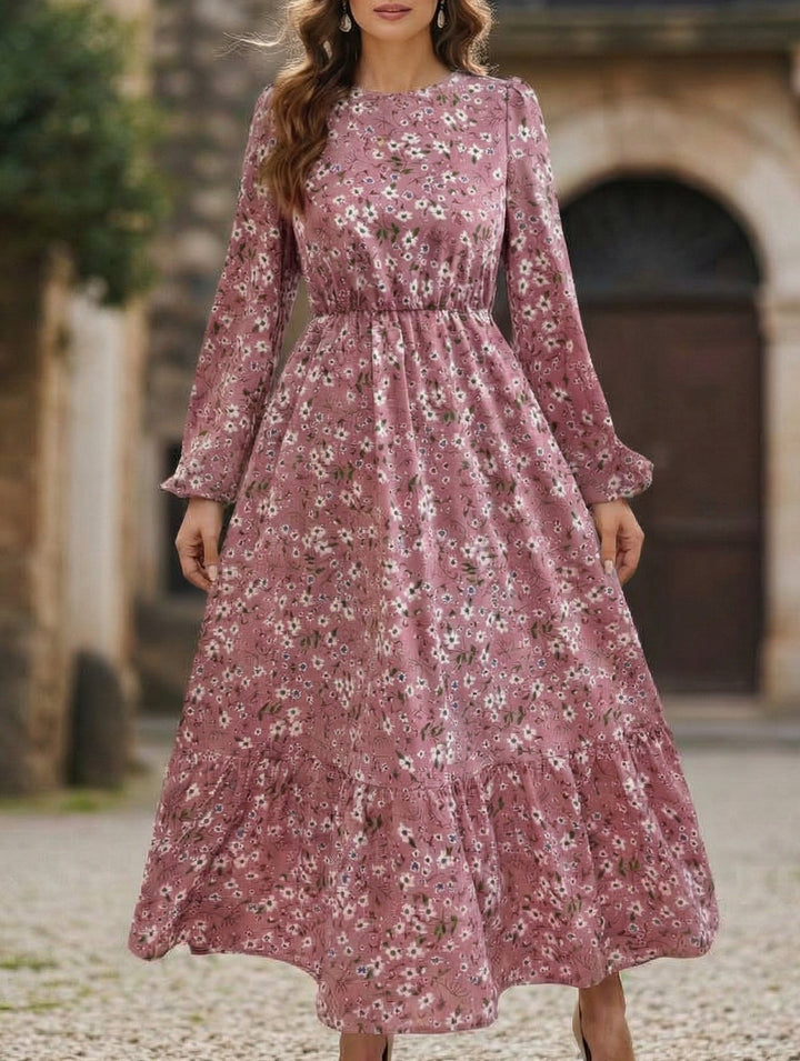 Floral High Waist Long Sleeve Midi Dress – White Midi Dress