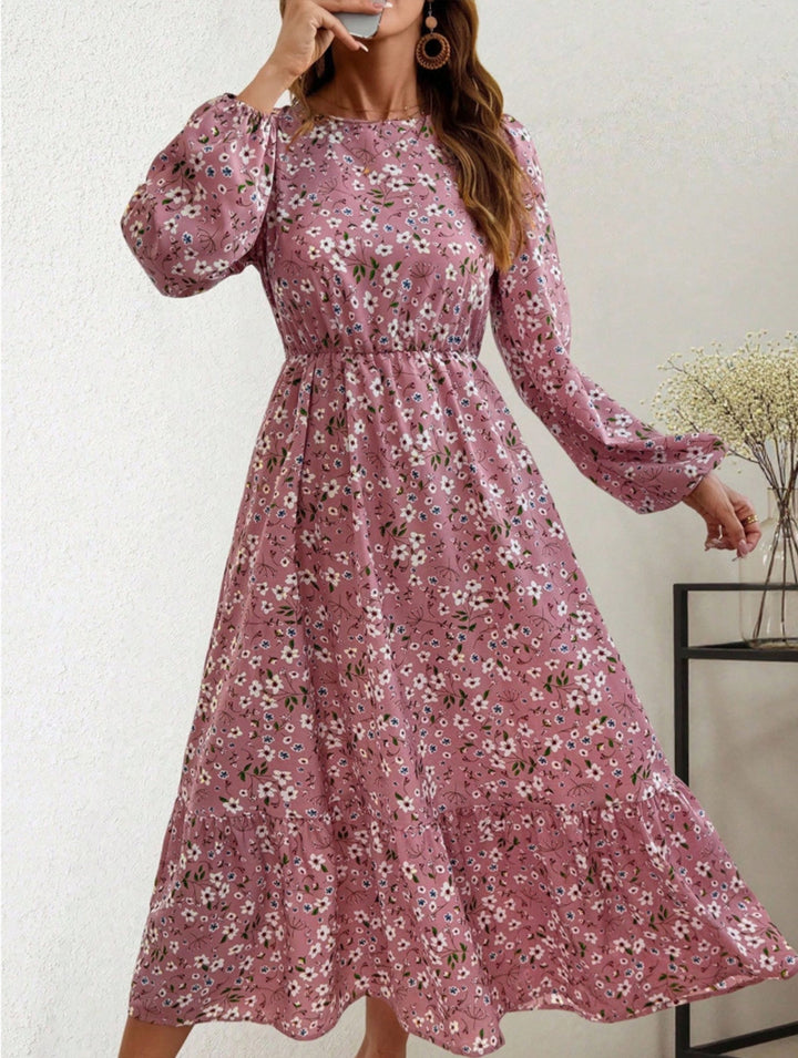 Floral High Waist Long Sleeve Midi Dress – White Midi Dress