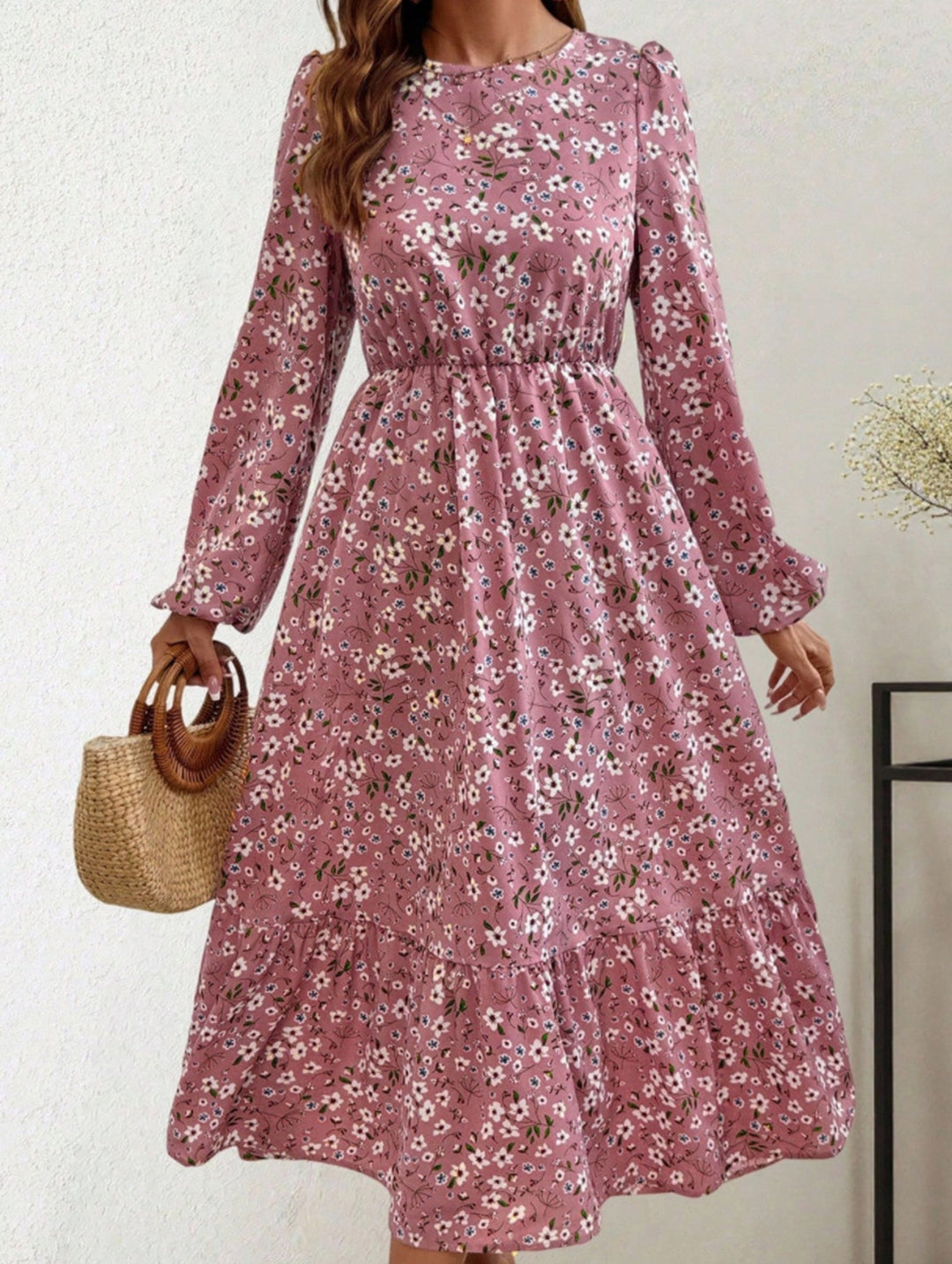 Floral High Waist Long Sleeve Midi Dress – White Midi Dress