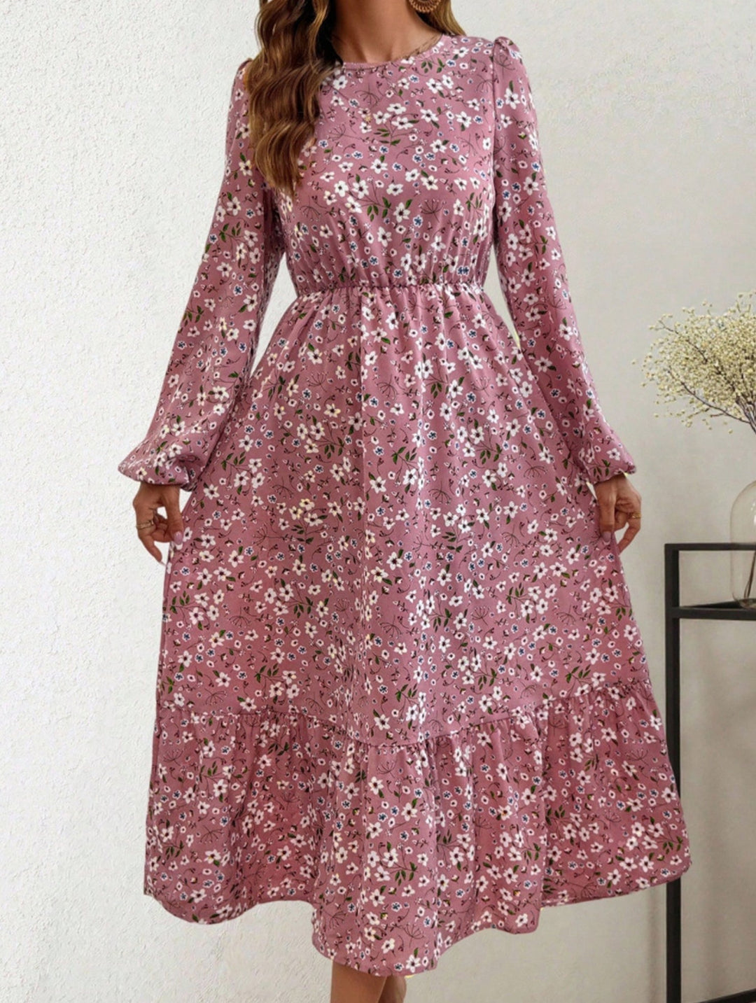 Floral High Waist Long Sleeve Midi Dress – White Midi Dress