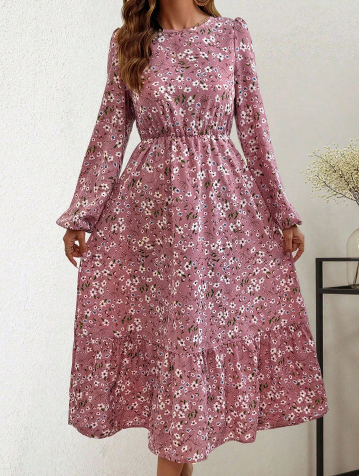 Floral High Waist Long Sleeve Midi Dress – White Midi Dress