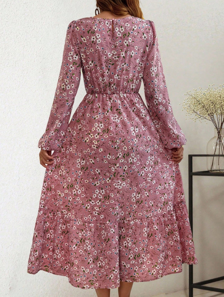 Floral High Waist Long Sleeve Midi Dress – White Midi Dress