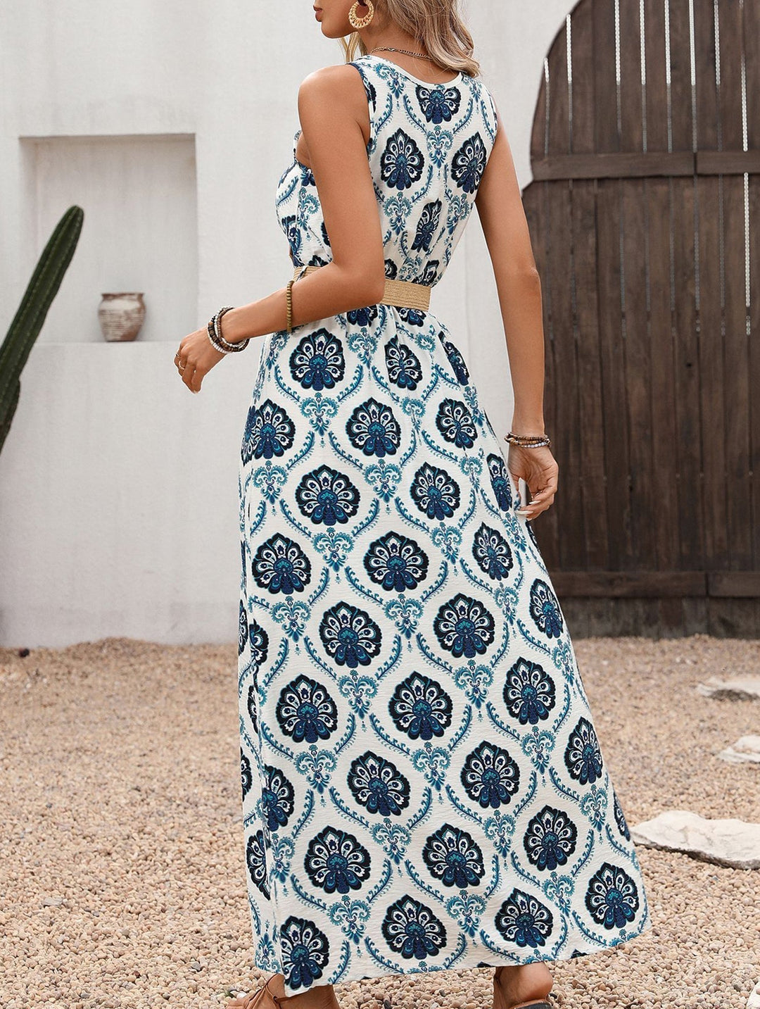 Floral Print Slit Sleeveless Dress – White Dress