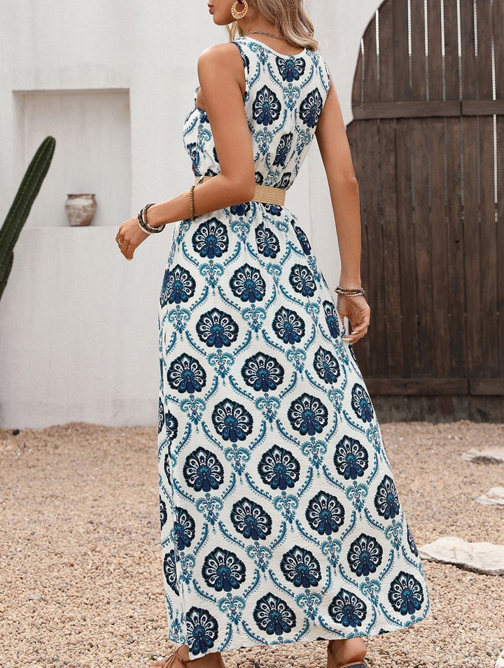 Floral Print Slit Sleeveless Dress – White Dress