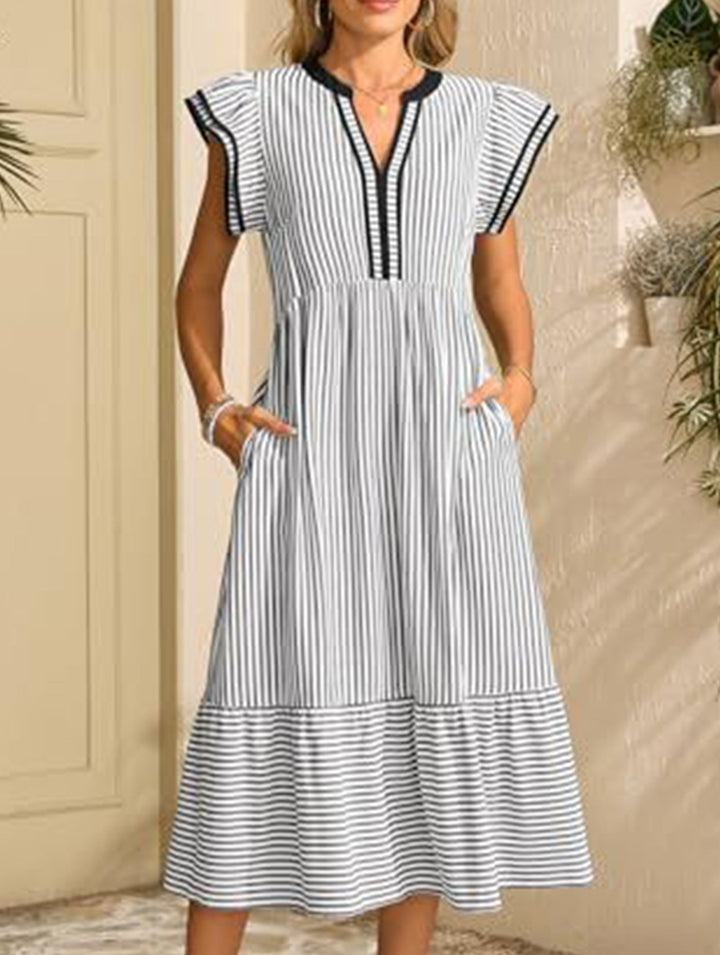 Colorblock Stripe Flutter Sleeve Dress – White Dress