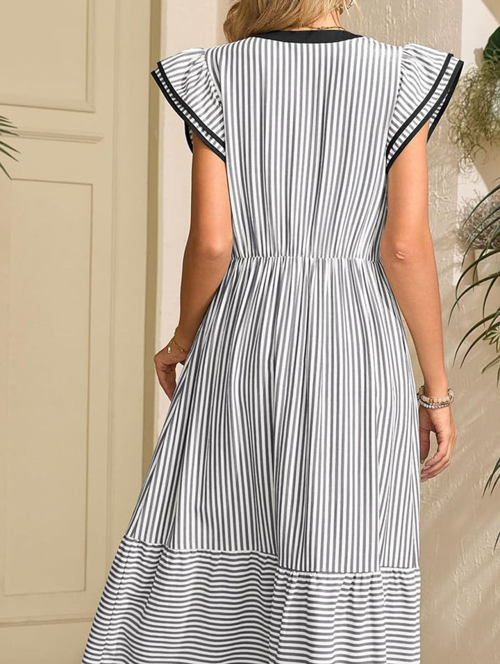 Colorblock Stripe Flutter Sleeve Dress – White Dress