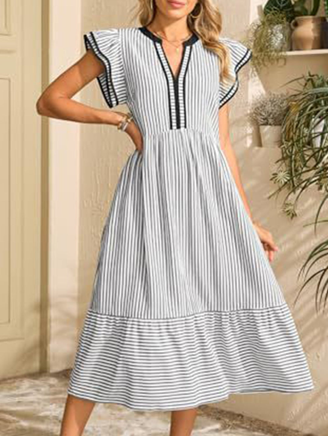 Colorblock Stripe Flutter Sleeve Dress – White Dress