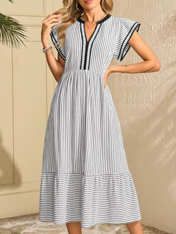 Colorblock Stripe Flutter Sleeve Dress – White Dress