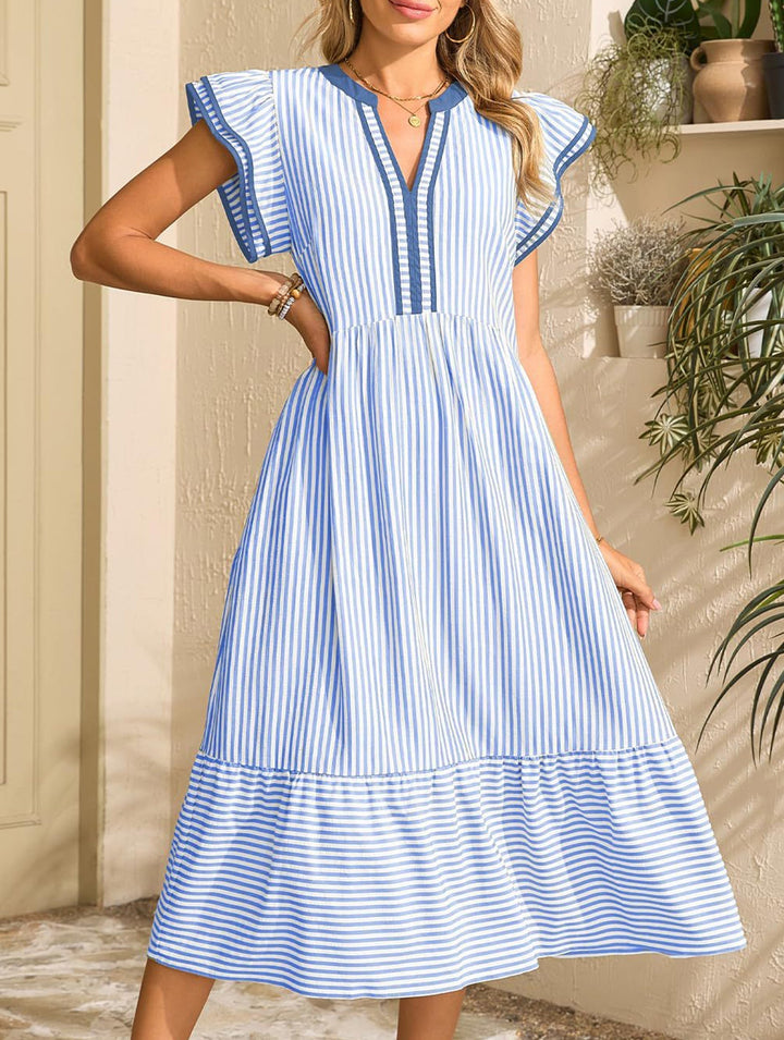 Colorblock Stripe Flutter Sleeve Dress – White Dress