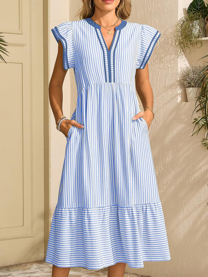 Colorblock Stripe Flutter Sleeve Dress – White Dress