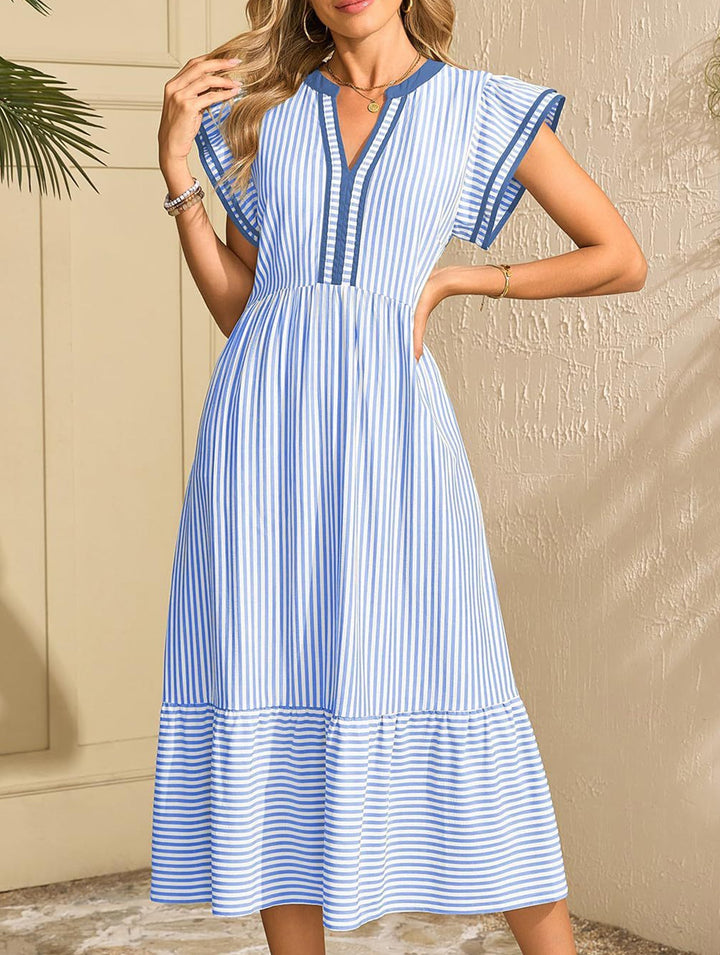 Colorblock Stripe Flutter Sleeve Dress – White Dress