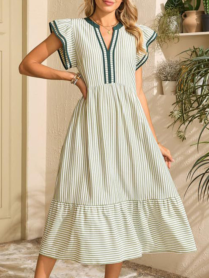 Colorblock Stripe Flutter Sleeve Dress – White Dress