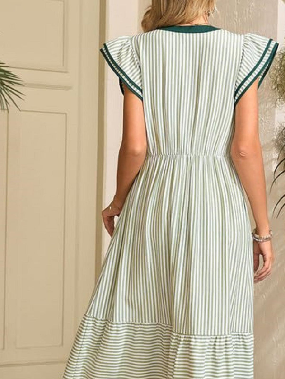 Colorblock Stripe Flutter Sleeve Dress – White Dress