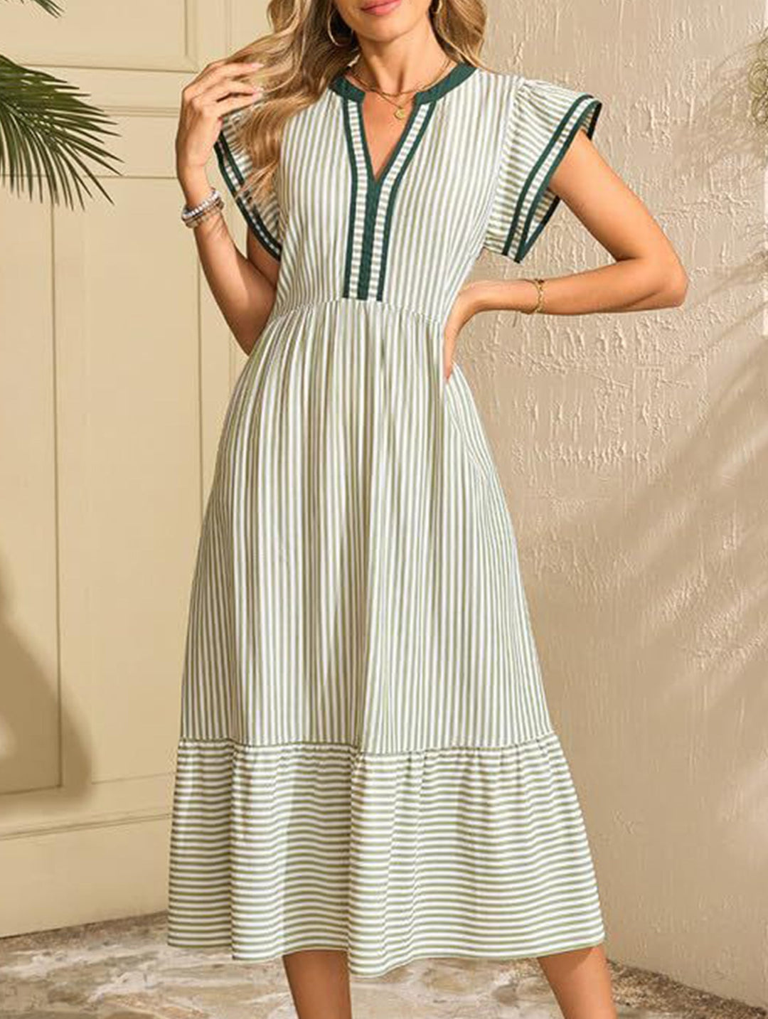 Colorblock Stripe Flutter Sleeve Dress – White Dress