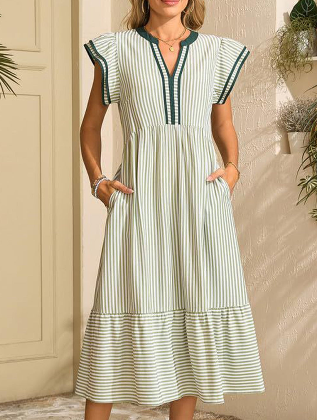 Colorblock Stripe Flutter Sleeve Dress – White Dress