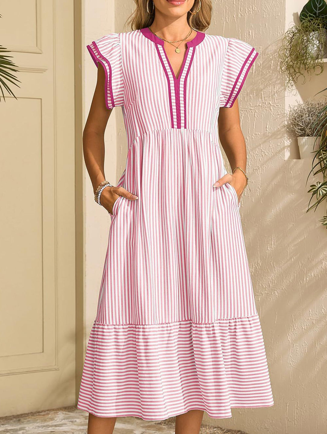 Colorblock Stripe Flutter Sleeve Dress – White Dress