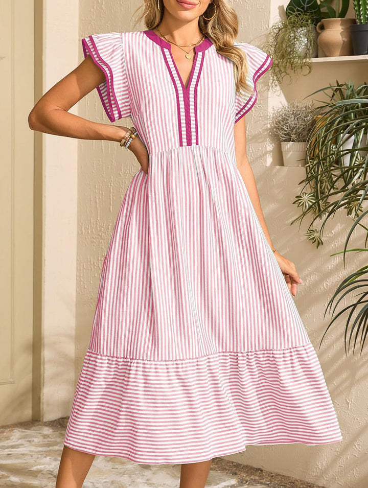 Colorblock Stripe Flutter Sleeve Dress – White Dress