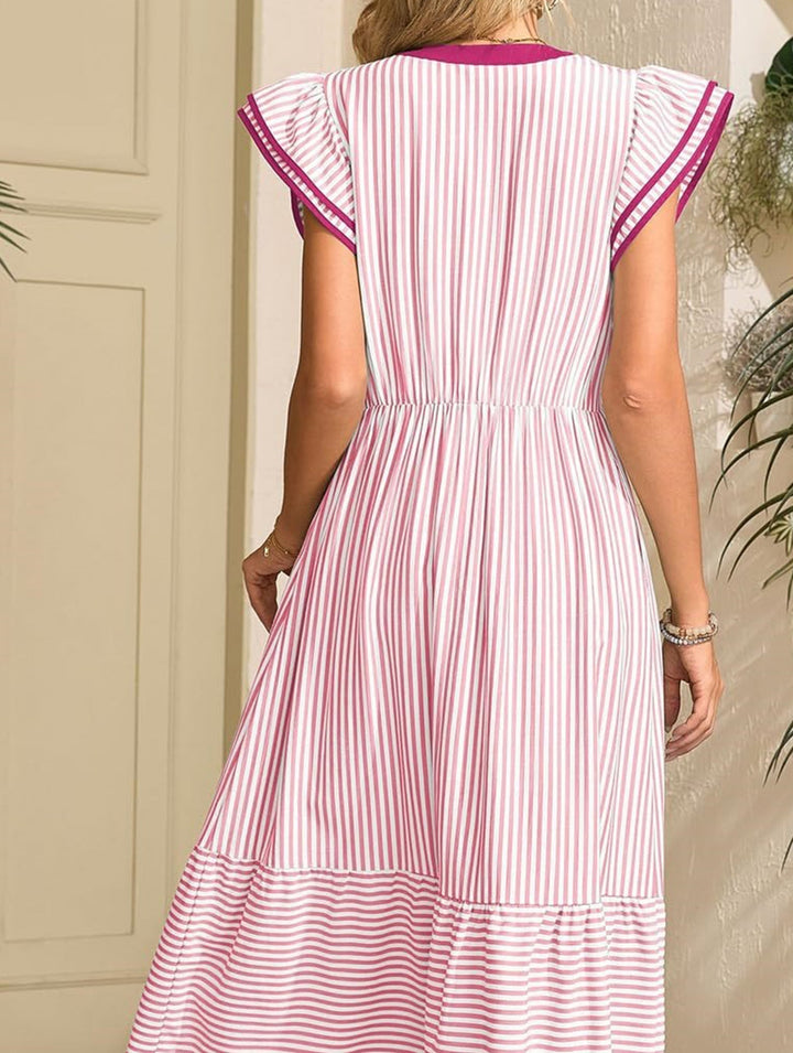 Colorblock Stripe Flutter Sleeve Dress – White Dress