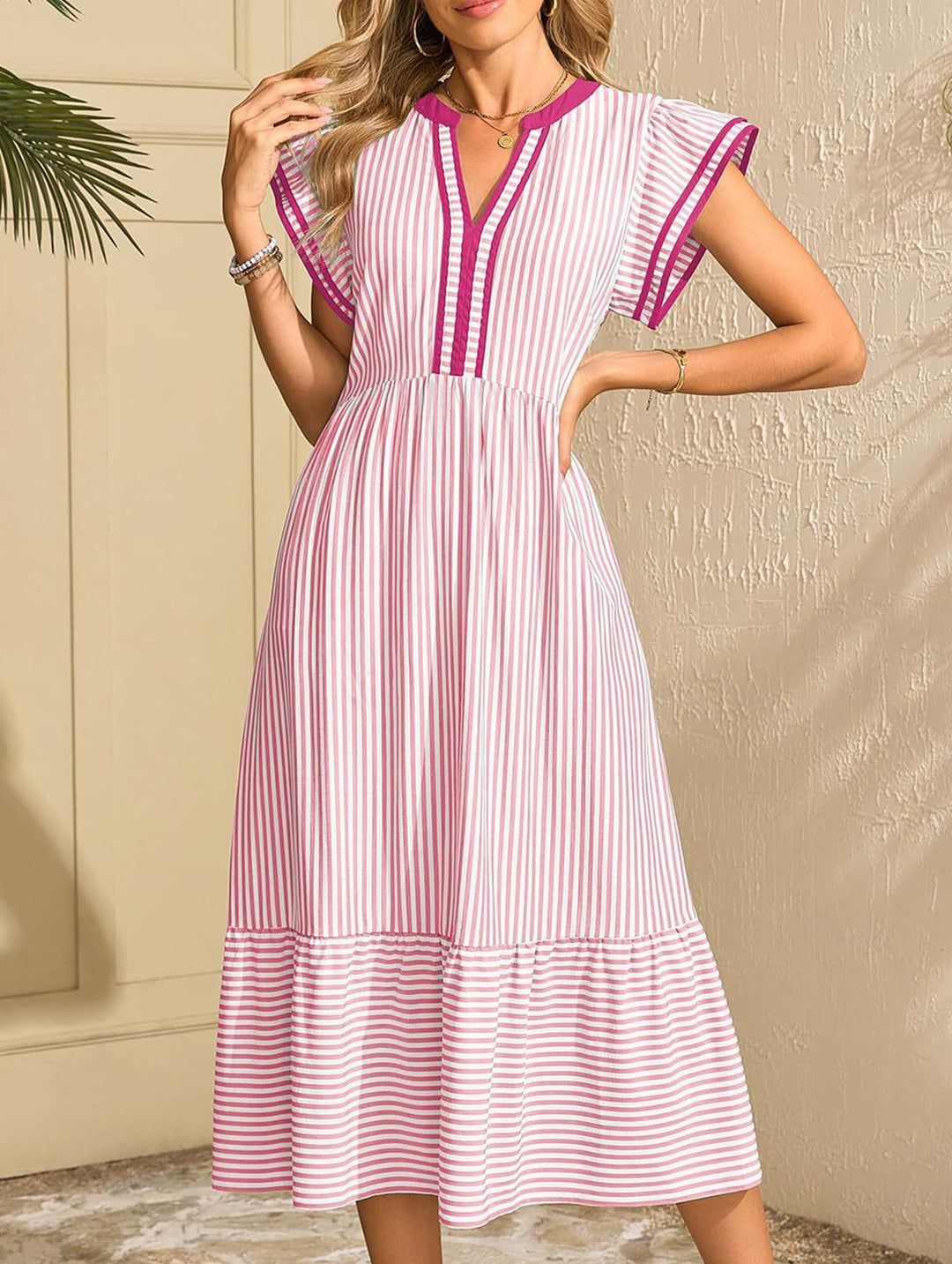 Colorblock Stripe Flutter Sleeve Dress – White Dress